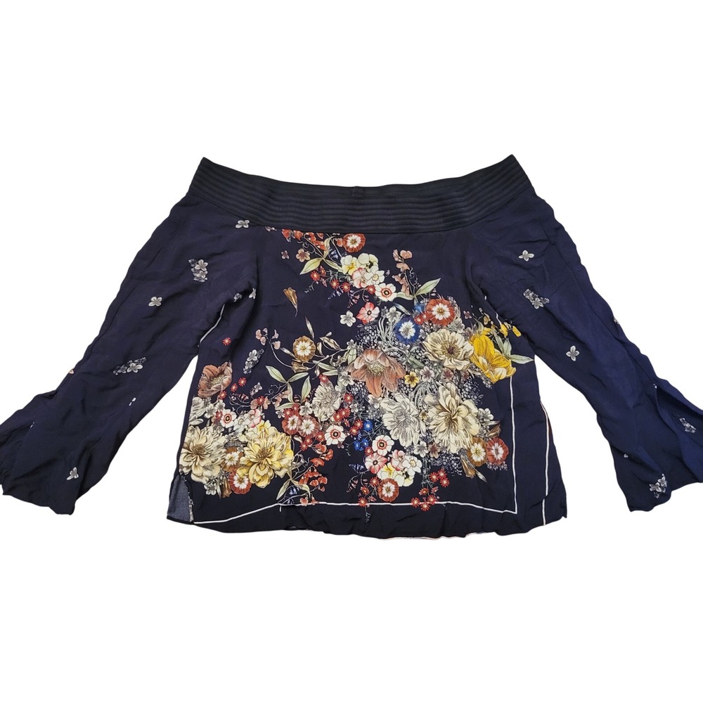 ZARA Floral Off Shoulder Long Sleeve Blouse Top Black L Scarf Print Bell Sleeve